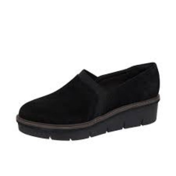 NEW CLARKS AIRABELL MID SLIP ON SUEDE LEATHER WEDGE SHOES BLACK 7.5M - Picture 1 of 14